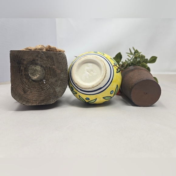 Trio Of Table Art Wood Candle Holder Pottery Vase Pansies In A Pot Home Decor - Picture 9 of 10